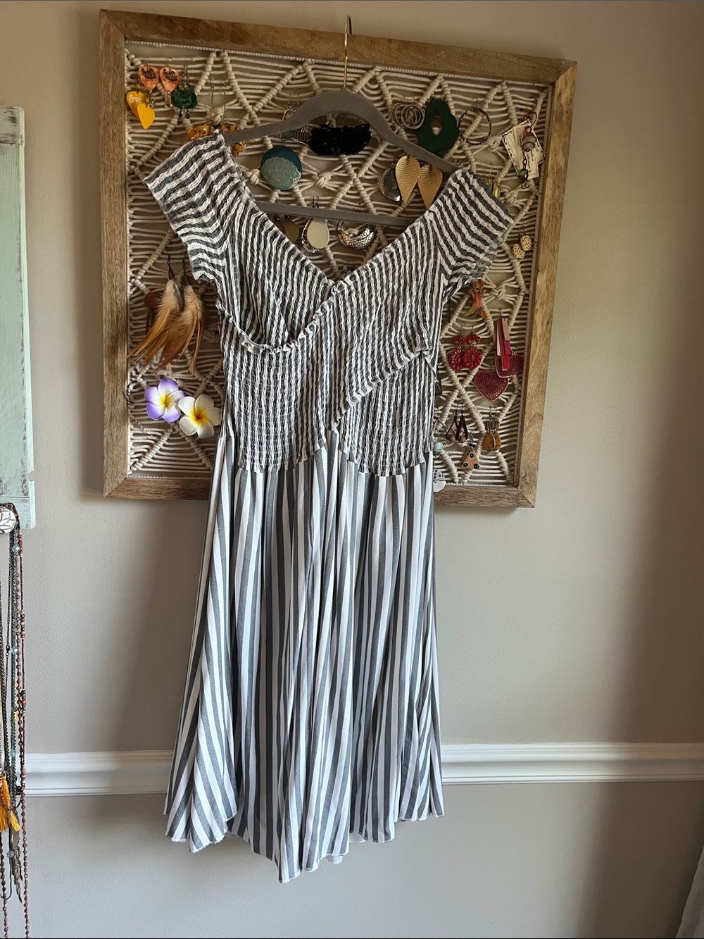Striped V-Neck Midi Dress in Black and White